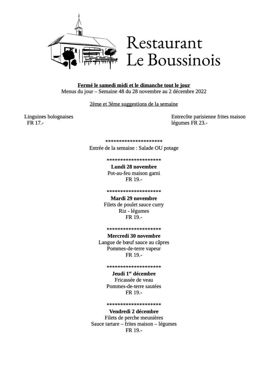 Menu de la semaine Restaurant Boussens Le Boussinois Cheseaux sur